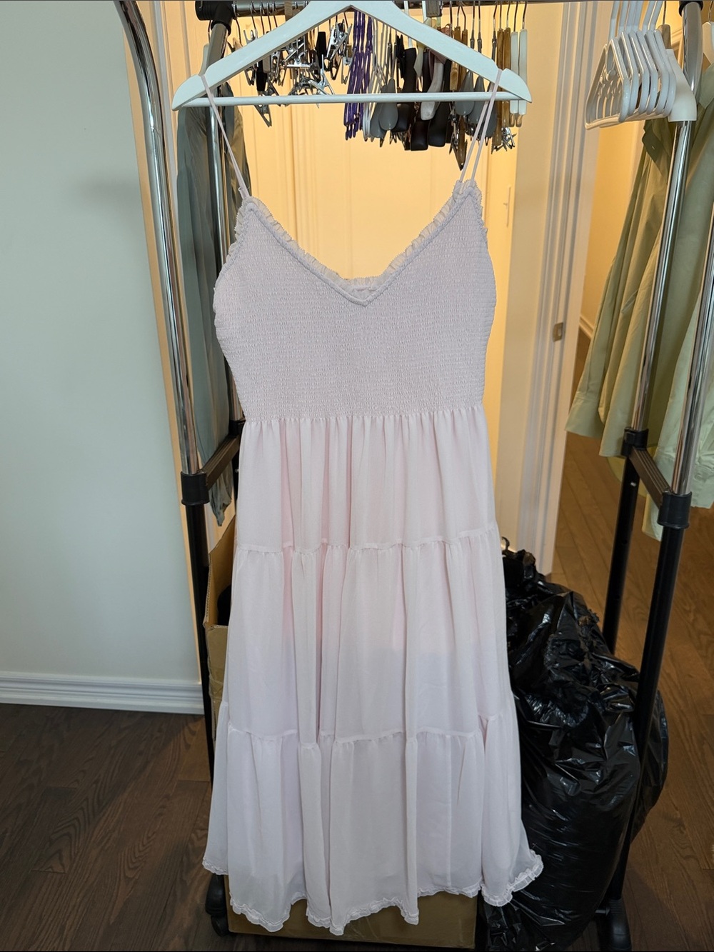 Wilfred Light Pink Tiered Spaghetti Strap Midi Dress